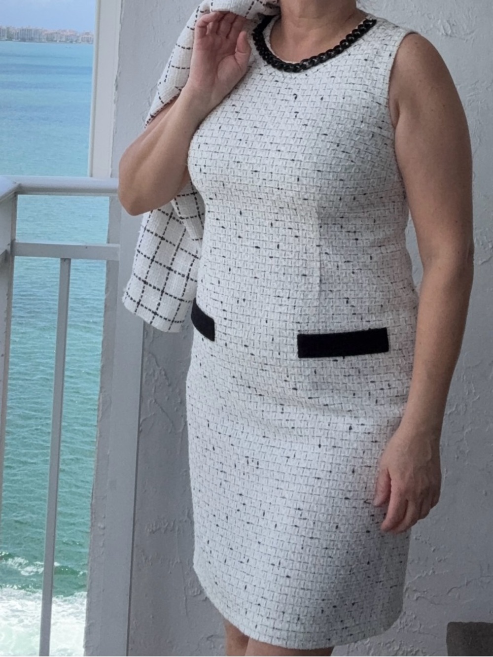 Karl Lagerfeld Tweed Dress Suit Set Size 8 Black White Chanel Style
